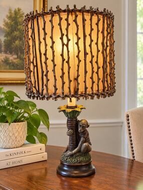 British ,Hollywood Regency safari monkey table lamp woven twig drum lampshade